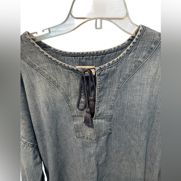 LOFT Lounge Tie Neck Tassel Denim Tunic Dress Pockets Size Medium 3/4 Sleeves - Picture 2 of 7